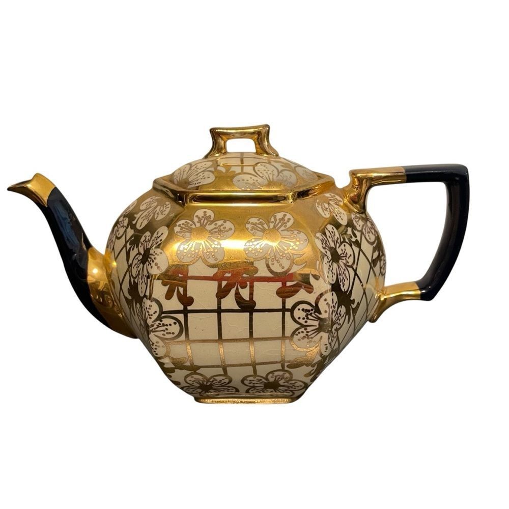 Vintage Authur Wood English Pottery Hexagonal Teapot Gold Blue